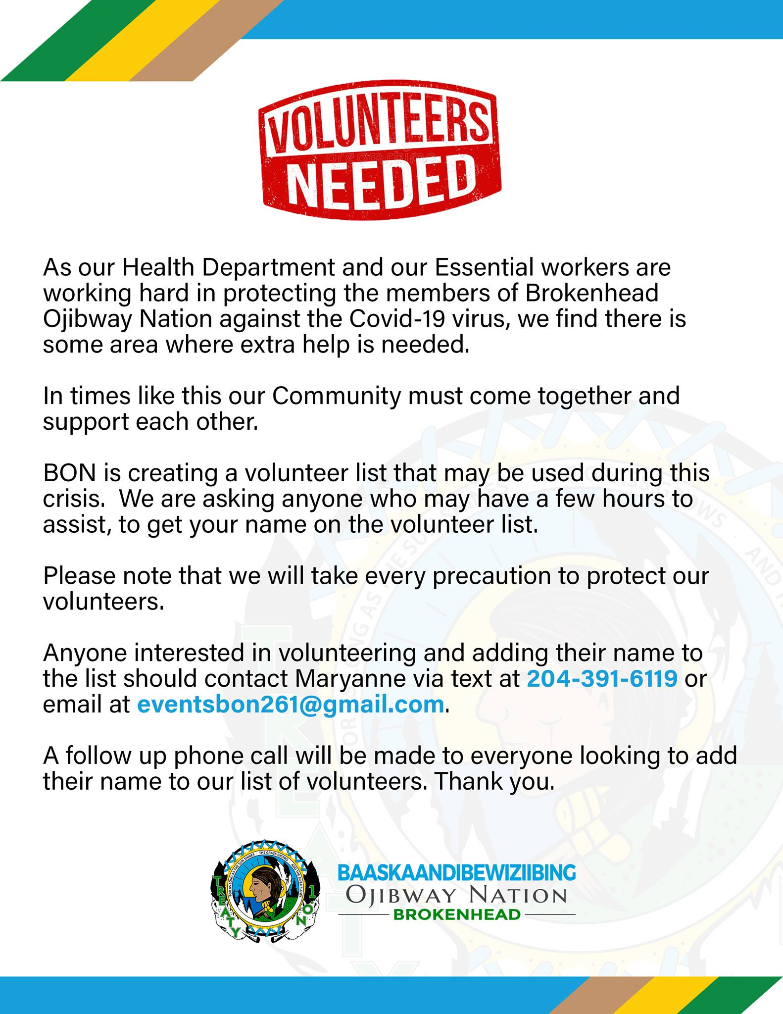 Thumbnail of Call for volunteers from Brokenhead Ojibway Nation